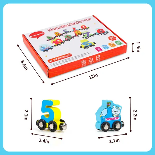 Miniatura 7 de Wondertoys Juego de 12 piezas de tren de madera con números de juguete, incluye 1 motor de autos para niños y niñas, compatible con las principales