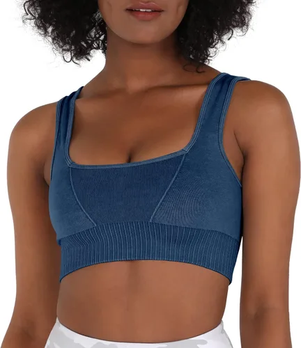 ODODOS Sujetador deportivo sin costuras con cuello cuadrado para mujer, camiseta sin mangas acanalada, casual, espalda baja