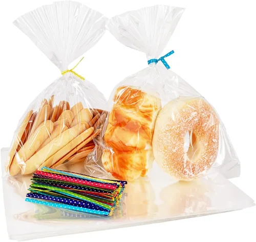 Newkita Bolsas transparentes para golosinas de celofán de 8 x 10 pulgadas con lazos giratorios de 4 pulgadas, paquete de 100