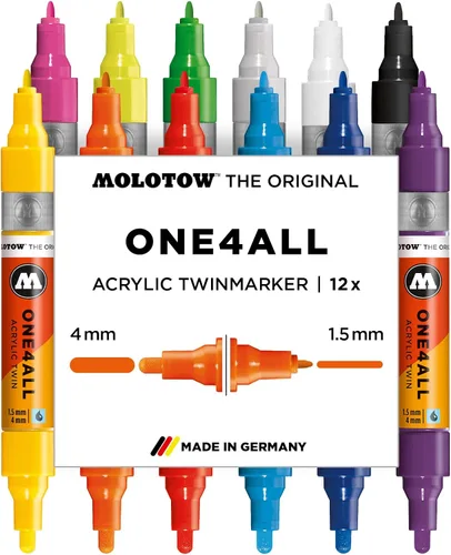 MOLOTOW ONE4ALL - Marcador acrílico doble bomba 1 juego, 12 marcadores, puntas dobles: punta de 0.059 in y punta de 0.157 in, colores surtidos, 1