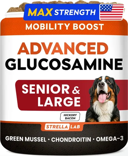 STRELLALAB Suplemento avanzado de glucosamina para cadera y articulaciones para perros mayores, mejillón y colágeno de labios verdes, alivio del