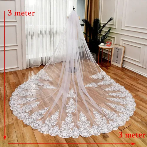 Miniatura 6 de Zhangyo Velo de novia de tul suave con peine de encaje largo velo catedral nupcial 9.8 ft gota velo pelo peine para novias CXL062