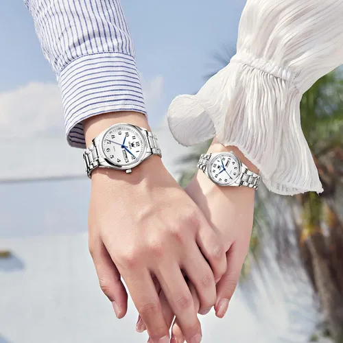 Miniatura 59 de OLEVS Juego de 2 relojes de cuarzo para parejas de San Valentín, calendario luminoso, ventana de fecha, 3 ATM, impermeable, casual, acero