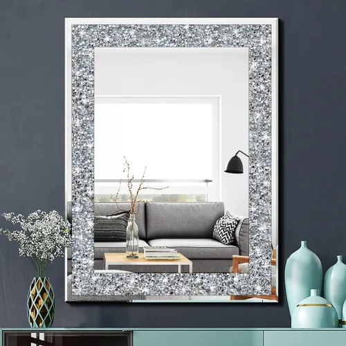 Miniatura 10 de QMDECOR Espejo de Pared Decorativo Rectangular Brillante para Decoración del Hogar con Decoración de Diamante Crush de Cristal Plateado