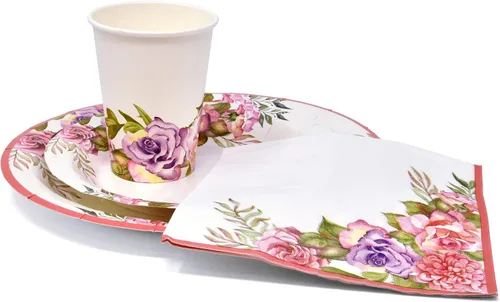 Miniatura 2 de Gift Boutique Juego de 96 piezas de suministros de fiesta de flores rosas y moradas, platos de papel, servilleta para niña, baby shower, té