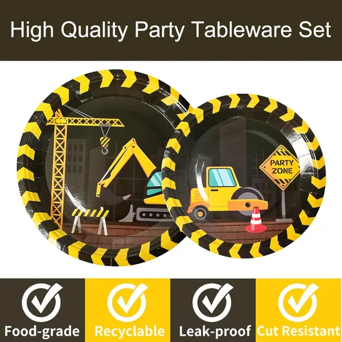 Miniatura 4 de 96 piezas de suministros para fiesta de cumpleaños con temática de construcción, platos de papel y servilletas con temática de construcción
