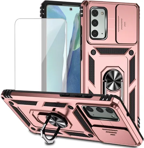 Funda para Galaxy Note 20 5G, Samsung Note 20 SM-N981U con protector de pantalla de vidrio templado y cubierta de cámara deslizante, anillo Oro Rosa