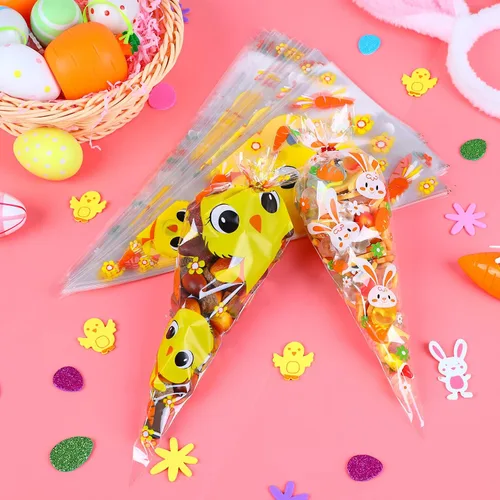 Miniatura 2 de SULOLI 100 bolsas de celofán con cono de Pascua, bolsas de golosinas triangulares de 6.7 x 11.8 pulgadas con 120 lazos giratorios, 3