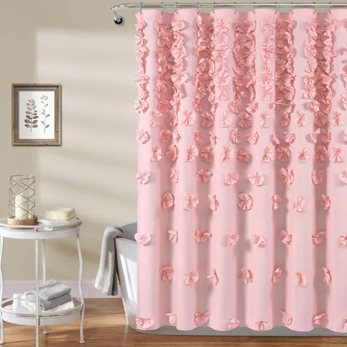 Lush Decor Riley Cortina de Ducha, 72" W x 72" L, Rosa - Cortina de Baño - Coquette Decor - Cortinas de Ducha con Lazo - Cottage Core - Cortinas de