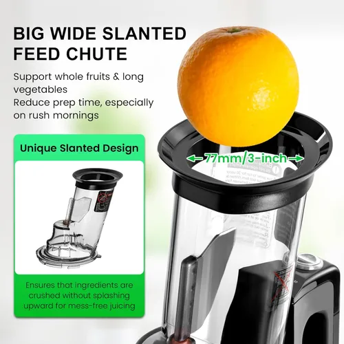 Miniatura 2 de Ventray Exprimidor de prensa en frío, 3 pulgadas de ancho máquina exprimidora de masticación lenta para frutas y verduras enteras, motor potente