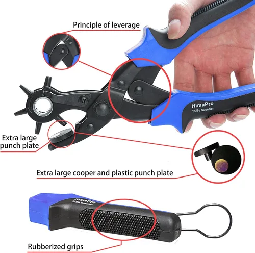 Miniatura 2 de HimaPro Perforadora giratoria de cuero para cinturones, collares de perro, sillones, zapatos, correas de reloj, etc. con una regla de medición, dos