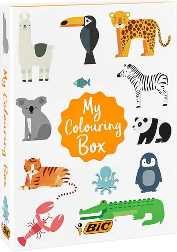 Bic My Colouring Box - Kit para colorear con 12 marcadores, 18 lápices de colorear, 6 pegamentos con purpurina, 1 libro para colorear y 36