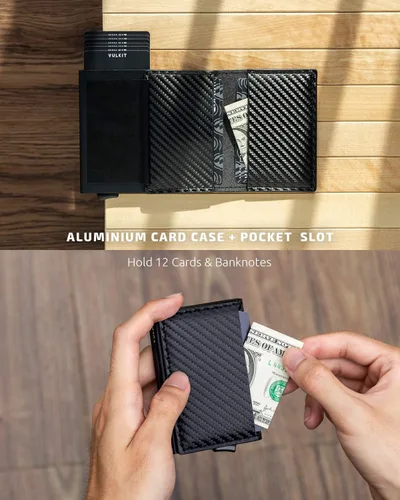 Miniatura 46 de VULKIT Tarjetero RFID Bloqueo de Cuero Automático Pop Up Cartera Aluminio Slim Pocket Tarjeta de Visita