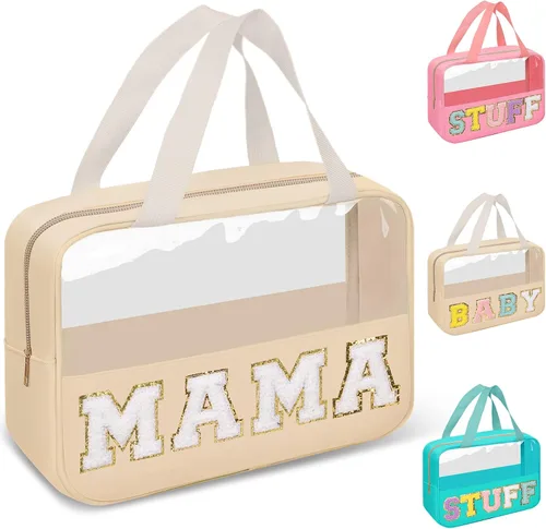 Miniatura 27 de izuzta Bolsas de maquillaje transparentes tipo tote con letras de chenilla, bolsa de maquillaje preppy con asa, Moda