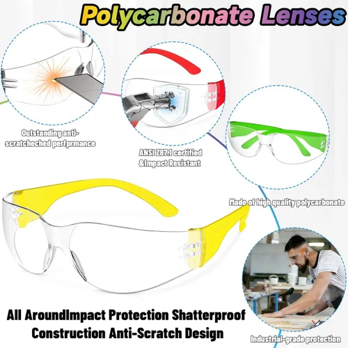 Miniatura 4 de 50 lentes de seguridad unisex a granel de 8 colores transparentes con ANSI Z87.1, resistentes a impactos y arañazos, lentes de sol de seguridad