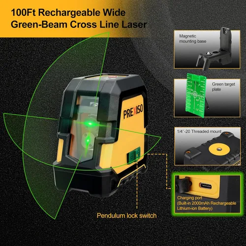 Miniatura 4 de PREXISO Nivel láser autonivelante – Láser de línea cruzada recargable de 100 pies, herramienta niveladora de línea verde para construcción