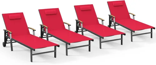 Miniatura 18 de Ciokea Sillón para exteriores con almohada, tumbona de aluminio de 5 posiciones con ruedas y reposabrazos, silla de piscina resistente de 400 libras