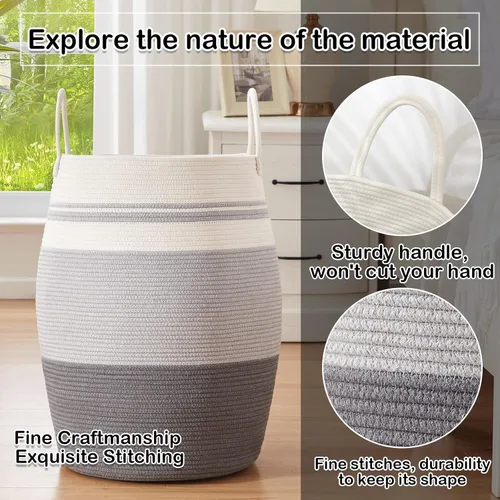 Miniatura 3 de OIAHOMY Cesta de lavandería tejida de cuerda, tamaño grande, con asas extendidas para ropa y juguetes, cesta alta de 25.6 pulgadas, plegable
