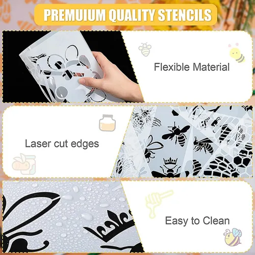 Miniatura 3 de Plantillas temáticas de abejas, 6 unidades, plantillas reutilizables de pintura de panal y girasol para arte de pared, pintura de muebles