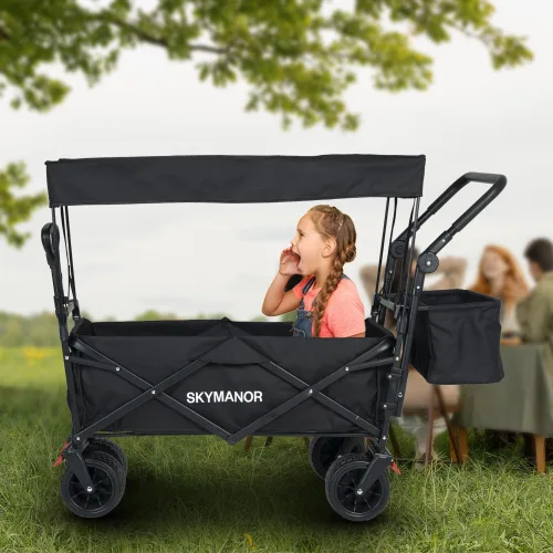 Miniatura 7 de SKYMANOR Carro plegable con toldo extraíble, carrito de jardín resistente 3 en 1 con ruedas grandes todo terreno, frenos, mango de empuje ajustable
