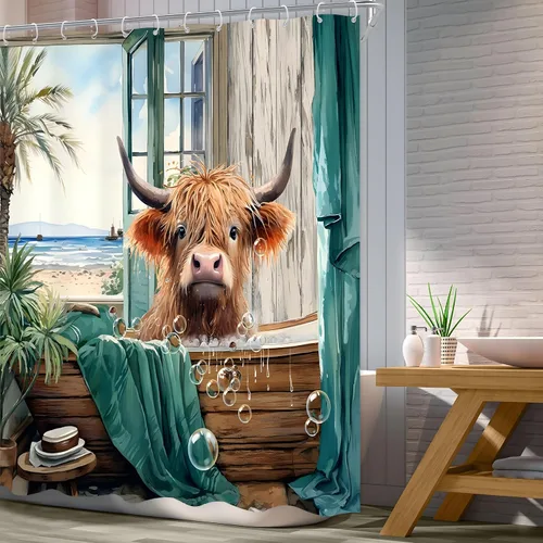 Miniatura 4 de Highland Cow - Cortina de ducha de verano de 60 pulgadas de ancho x 72 pulgadas de largo, divertida y linda vista al mar, vista al mar, paisaje