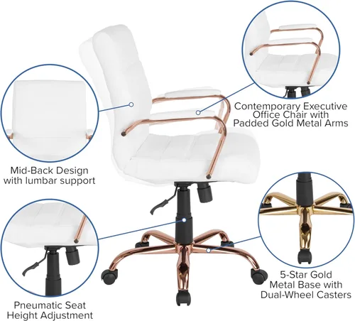 Miniatura 10 de Flash Furniture Whitney - Silla de escritorio giratoria de LeatherSoft de respaldo medio con asiento acolchado y reposabrazos, silla de oficina