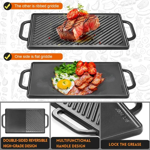 Miniatura 4 de GGC Parrilla reversible de hierro fundido, sartén de doble cara perfecta para parrillas de gas y estufas, 13 x 8.25 pulgadas rectangular