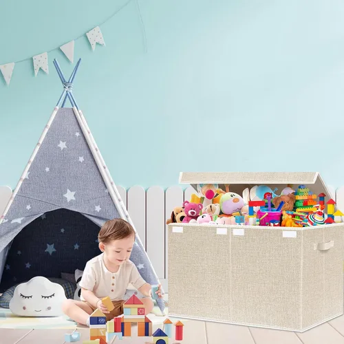 Miniatura 9 de Baúl grande de almacenamiento para juguetes con tapa - Cajas organizadoras plegables para niños con asas para niños, niñas, guardería, sala de Beige