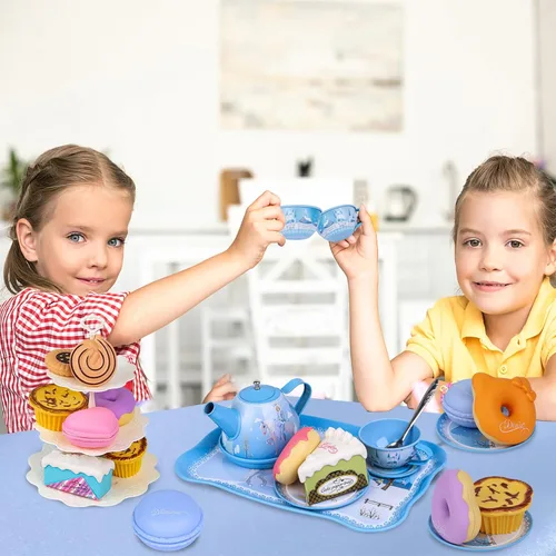 Miniatura 7 de PRE-WORLD Juego de fiesta de té para niñas pequeñas, 46 piezas de juguetes de princesa para la hora del té, incluyendo postre, galletas, dona