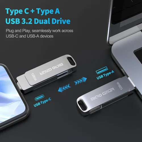 Miniatura 2 de Micro Center SuperSpeed - Paquete de 5 unidades de 128 GB USB 3.2 Gen 1 Tipo-C, OTG tipo A, unidad flash giratoria de metal para almacenamiento