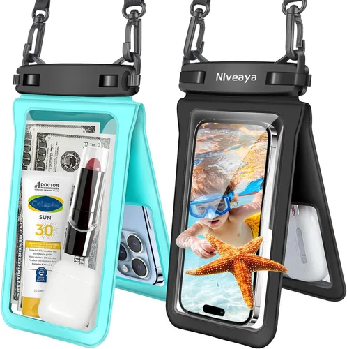 Miniatura 14 de Niveaya Bolsa impermeable para teléfono con doble espacio - 2 unidades, funda impermeable con cordón para iPhone 16/15/14/13/12 Pro Max hasta 8.3