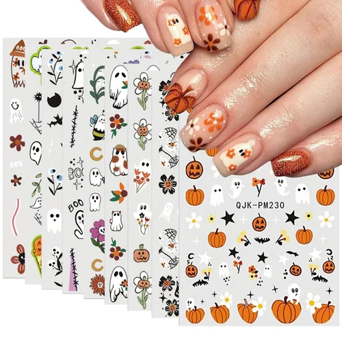 Miniatura 18 de 8 hojas de calcomanías de uñas de Halloween con diseños de fantasmas lindos, calabaza, araña, telaraña, sangre, llama 3D, autoadhesivas, Otoño