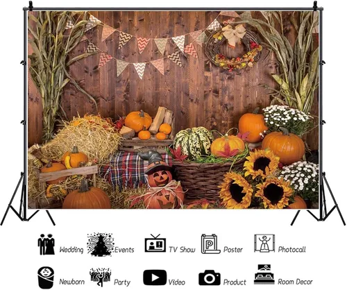 Miniatura 3 de Laeacco Telón de fondo de calabaza de otoño de 5 x 3 pies para otoño, cosecha, granero, fotografía, fondo de madera, guirnalda de girasoles