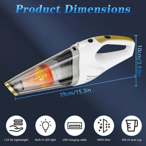 Miniatura 8 de Aspiradora de mano inalámbrica recargable y portátil para coche Strong Suction Hand Vacuum with LED Light, Washable Filters and Attachments for