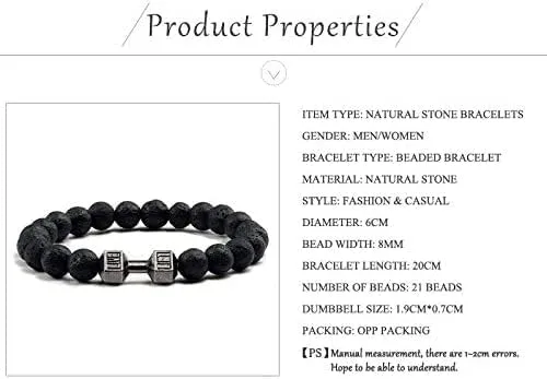 Miniatura 3 de Pulsera de mancuernas de piedra volcánica volcánica negra natural con cuentas mate para mujeres y hombres, pulseras de joyería de barra de fitness