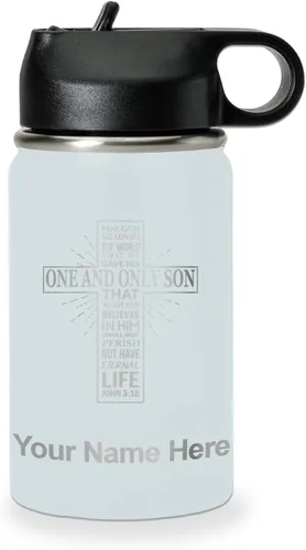 Miniatura 65 de LaserGram Botella de agua personalizada, versículo bíblico John 3-16, acero inoxidable de doble pared aislada al vacío con popote superior, regalo