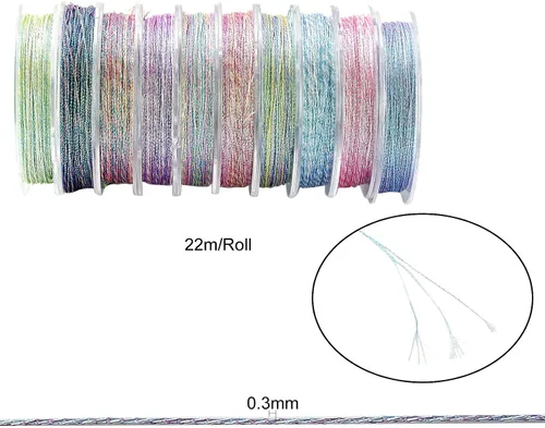 Miniatura 2 de LiQunSweet 10 rollos de 24 yardas (72.2 ft)/rollo de cordones metálicos redondos coloridos de poliéster para collares, pulseras, joyas
