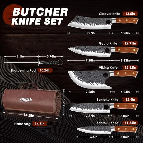 Miniatura 7 de Huusk Cuchillos de carnicero para carne, juego de cuchillos de cocina vikingos de acero al carbono forjado a mano con bolsa de rollo