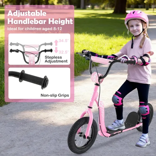 Miniatura 3 de GYMAX Patinete, Patinete de Empuje para Adultos, Adolescentes, Niños con Manubrio Ajustable, Ruedas Inflables de 12 Pulgadas, Freno de Pinza Rosa