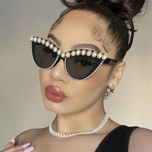 Miniatura 13 de LJCZKA Diamond Cat Eye Sunglasses Women Retro Jeweled Rhinestone Sun Glasses Sparkle Crystal Pearl Luxury Bling Eyewear