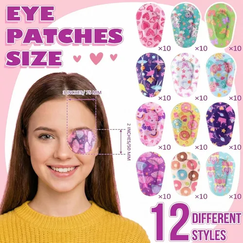 Miniatura 2 de Panelee 120 parches adhesivos para ojos para niños y niñas, material transpirable a granel, algodón que bloquea la luz, diseños coloridos