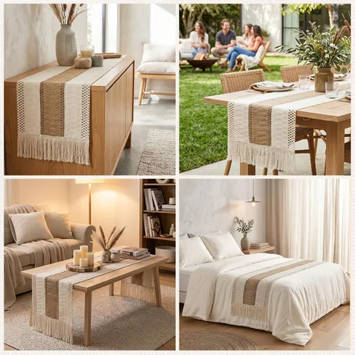 Miniatura 8 de OurWarm Camino de mesa de macramé estilo granja, camino de mesa bohemio de arpillera natural, decoración de granja moderna, algodón rústico tejido