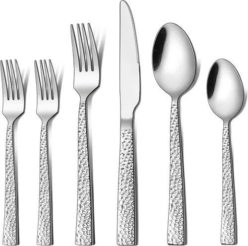 Miniatura 8 de LIANYU Juego de cubiertos martillados de 24 piezas con tenedores de ensalada adicionales, cubiertos cuadrados de acero inoxidable para 4, utensilios