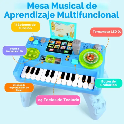 Miniatura 5 de Mesa de actividades de DJ para bebés de 1 a 3 años, piano musical para bebés de 1 año con música y luz, juguete educativo para niños de 6-9-12-18
