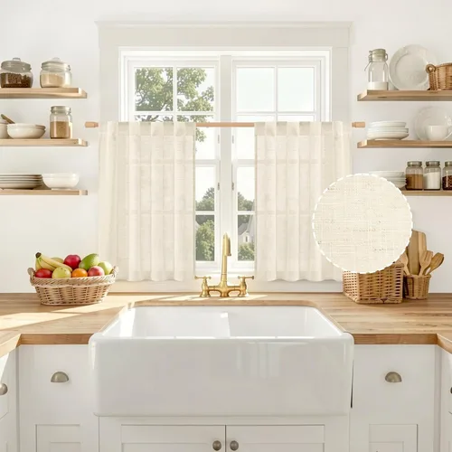 Miniatura 16 de LAMIT Cortinas de lino beige de 30 pulgadas de largo para ventanas pequeñas, cortinas semitransparentes filtrantes de luz, pestaña trasera