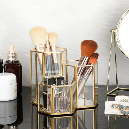 Miniatura 2 de Hipiwe Porta brochas de maquillaje de vidrio, 3 ranuras espejadas, organizador de brochas de cosméticos doradas, vitrina, caja de almacenamiento