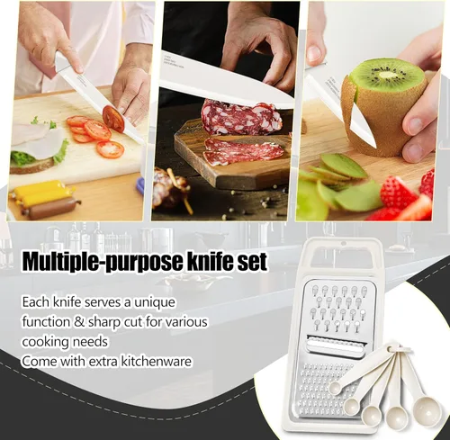 Miniatura 6 de HaWare Juego de cuchillos de cocina de acero inoxidable de 21 piezas, juego de cuchillos de chef blancos con cuchara medidora y rebanadora