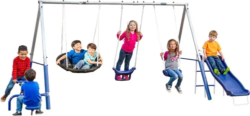 Free N Swing - Juego de columpios para 7 usuarios/5 estaciones, al aire libre para niños con tobogán de 5 pies. Juego de parque infantil de fácil