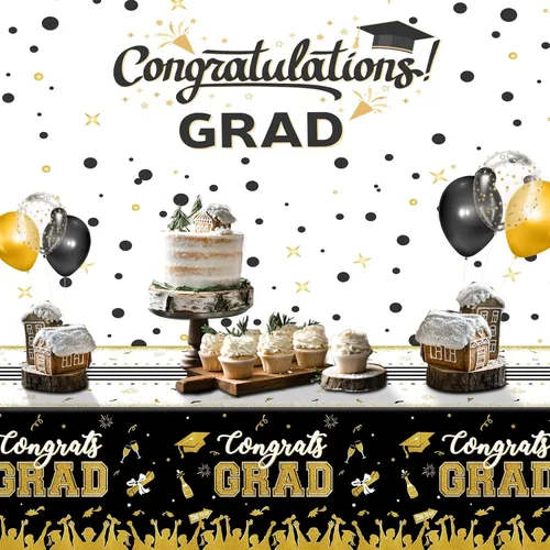 Miniatura 5 de chiazllta Juego de 3 manteles de graduación de la clase de 2026 con texto en inglés "Congrats Grad", color negro, decoración de fiesta, suministros