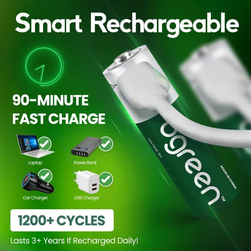 Miniatura 7 de bgreen Baterías AA recargables USB-C, paquete de 4, 3400 mWh, alto rendimiento, cable de carga 4 en 1 incluido, carga rápida de 1 hora